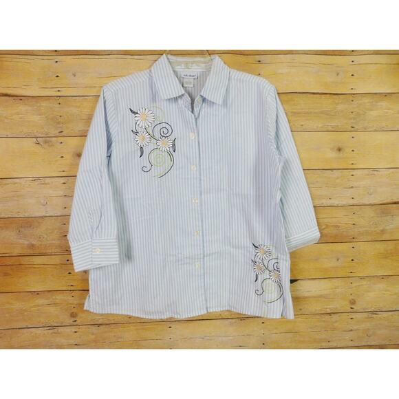 Vicky Wayne Shirt 12 Large Blue White Stripes Embroidered Flowers Long Sleeve - Picture 1 of 7